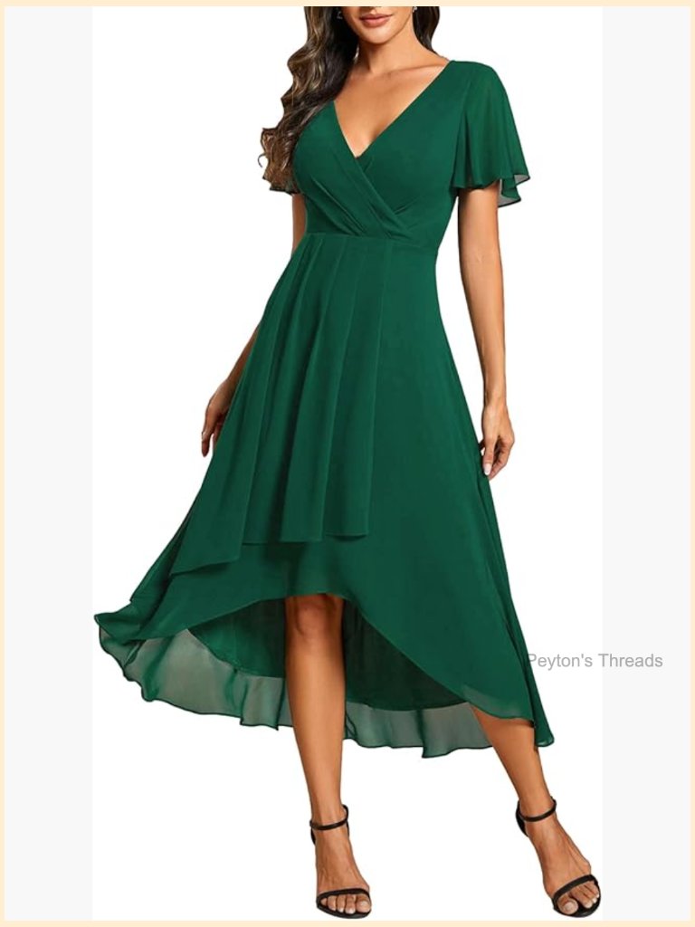 Women's Chiffon V-Neck Ruffle Sleeve Midi A-Line Semi Formal Cocktail Dress